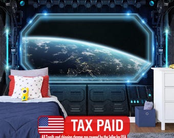 May include: A bedroom with a space theme. The focal point is a large window displaying a view of Earth from space. A bed with a blue comforter and pillows is in the foreground. The text "TAX PAID" is displayed on a red banner.