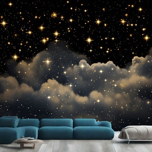 Starry Cloudy Night Shining Stars Decor Gift, Art Print Photomural Wallpaper Mural Easy-Install Removeable Peel and Stick Large Wall Decal