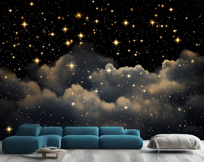 Starry Cloudy Night Shining Stars Decor Gift, Art Print Photomural Wallpaper Mural Easy-Install Removeable Peel and Stick Large Wall Decal