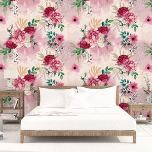 Delicate Pink and Red Watercolor Flowers Wall Decor Gift, Art Print Photomural Wallpaper Mural Easy-Install Removeable Peel and Stick Decal