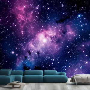 銀河の宇宙に輝く星、紫と青、天文学生成AI、簡単に取り付けられる壁画壁紙、剥がして貼るだけのモダンアート、洗える