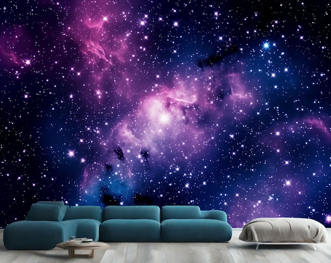 Shiny stars in galaxy space violet and azure Astronomy generative AI Easy-Install Wall Mural Wallpaper Peel and Stick Modern Art Washable