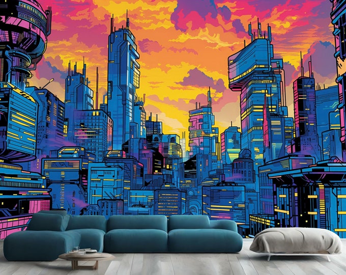 Futuristic Cityscape in Vivid Colors at Sunset Gift, Art Print Photomural Wallpaper Mural Easy-Install Removeable Peel and Stick Large Decal