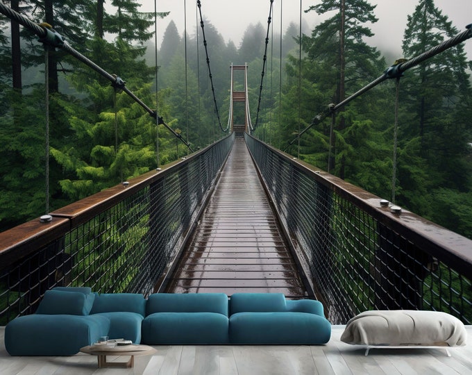 Treetop Boarding Bridge on misty Forest Gift, Art Print Photomural Wallpaper Mural Easy-Install Removeable Peel and Stick Large Wall Decal