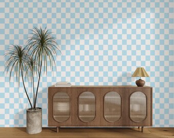 Light Blue Off White Checkered Wallpaper Wall Decal, Peel and Stick