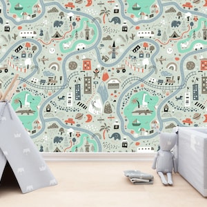 Cartoon Cars Trains and Road Nursery Kids Room Mural Gift, Art Print Photomural Wallpaper Mural Easy-Install Removeable Peel and Stick Decal