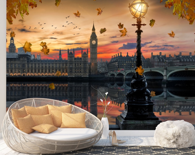 London Bridge Big Ben Autumn UK Art Print Photomural Wallpaper Mural Easy-Install Removeable Peel and Stick Premium Large Photo Wall Decal