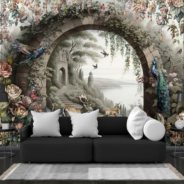 Arch of trees plants deer and birds in a vintage style Wallpaper Easy-Install Wall Mural Wallpaper Peel and Stick Modern Art Washable New