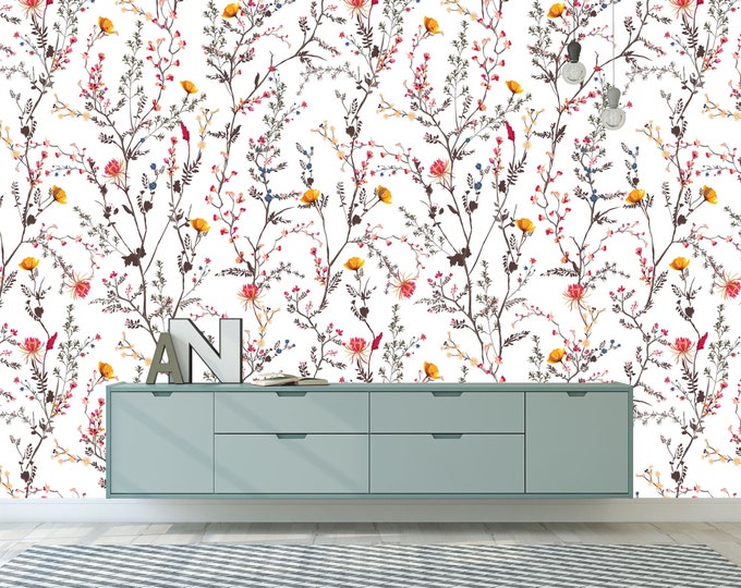 Cute Flowers Pattern Nursery Floral Decor Gift, Art Print Photomural Wallpaper Mural Easy-Install Removeable Peel and Stick Large Wall Decal