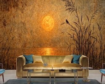 Sunset Reeds Bird Art Wallpaper Mural, Peel and Stick