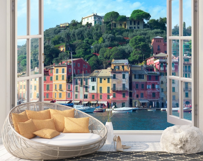 Open Window Sea View Boats Italy Art Print Photomural Wallpaper Mural Easy-Install Removeable Peel and Stick Premium Large Photo Wall Decal