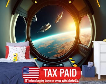 Spaceship Window View Wall Mural, Outer Space Kids Room Decor, Peel and Stick