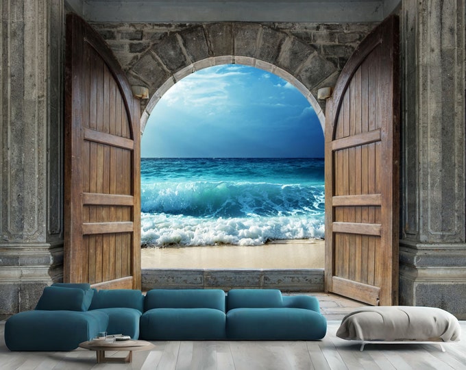 3D Wooden Castle Door Sandy Beach Ocean View Gift Art Print Photomural Wallpaper Mural Easy-Install Removeable Peel and Stick Large Decal