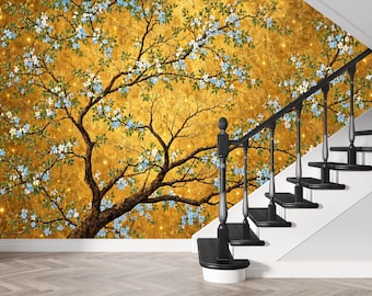 Gold Blue Blossom Tree Art Wallpaper Mural, Peel and Stick