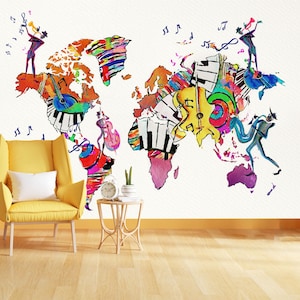 Weltkarte der Musik Aquarell Konzept Geschenk, Kunstdruck Tapete Wandbild Einfach zu installieren Entfernbar Abziehen und Aufkleben Große Wandtattoo Kunst
