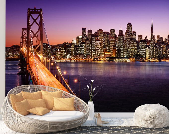 San Francisco Bridge Night Wallpaper Mural Wall Decor Art Print Photomural Easy-Install Removable Peel & Stick High Quality Washable Vlies