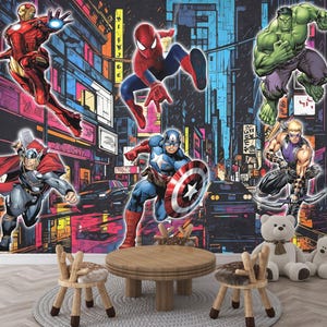 Superheros Kids Boys Children Home Room Decor Wall Gift, Art Print Photomural Wallpaper Mural Easy-Install Removeable Peel and Stick Decal