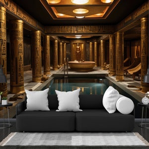Ancient Egypt Swimming pool Hieroglyphic Engravings, Golden Accents Easy-Install Wall Mural Wallpaper Peel and Stick Modern Art Washable New