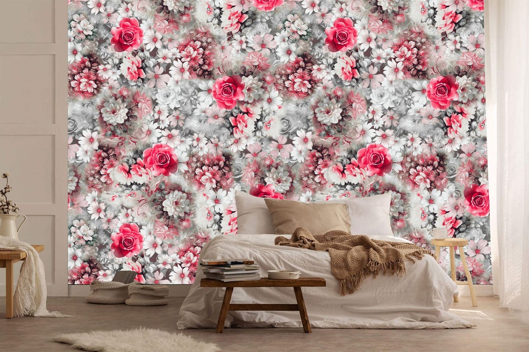 Pink White Floral Modern Home Wall Decor Roses Gift, Art Print ...