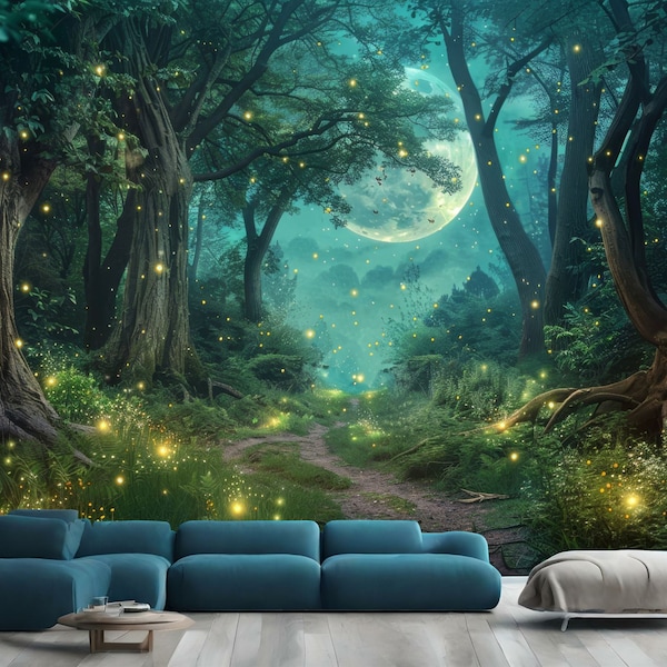 Moonlit Fireflies illuminating the path Forest Gift, Art Print Photomural Wallpaper Mural Easy-Install Removeable Peel and Stick Large Decal