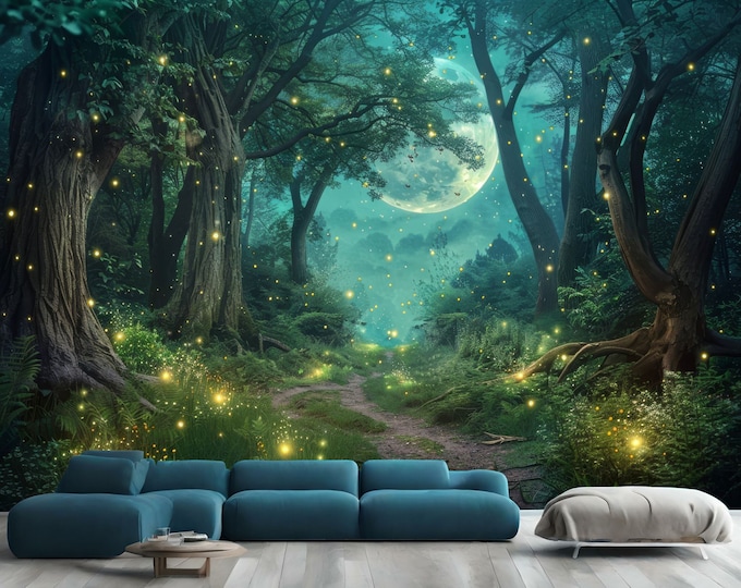 Moonlit Fireflies illuminating the path Forest Gift, Art Print Photomural Wallpaper Mural Easy-Install Removeable Peel and Stick Large Decal