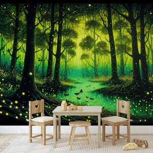 Fireflies in Magical Forest Generative AI Gift, Art Print Photomural Wallpaper Mural Easy-Install Removeable Peel and Stick Large Wall Decal