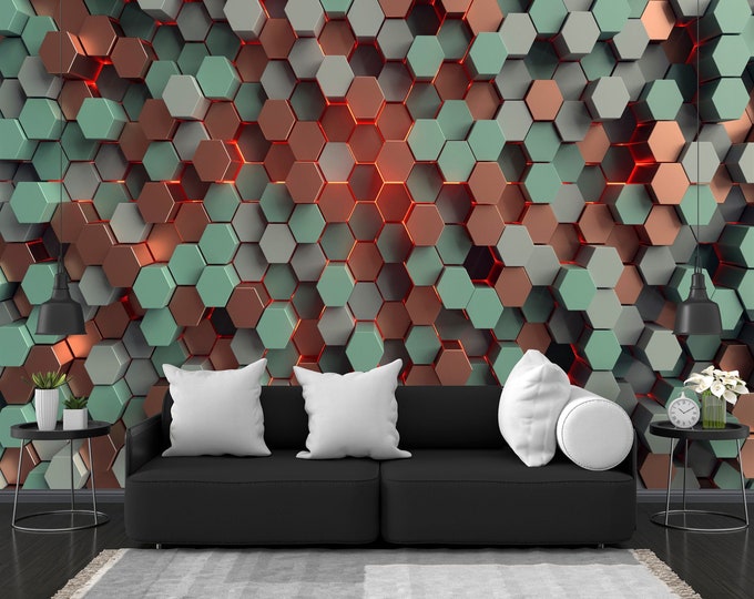 Green & Brown, Hexagons, Geometric, Gift, Art Print Photomural Wallpaper Mural Easy-Install Removeable Peel and Stick Large Photo Wall Decal