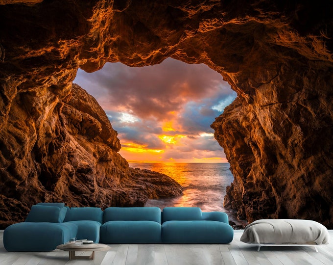 Malibu Majesty Coastal Crag Arch in Golden Hues Gift, Art Print Photomural Wallpaper Mural Easy-Install Removeable Peel and Stick Decal Art