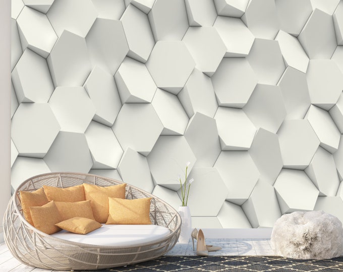 Geometric 3D Hexagons Digital Art Print Photomural Wallpaper Mural Easy-Install Removeable Peel and Stick Premium Large Photo Wall Decal New