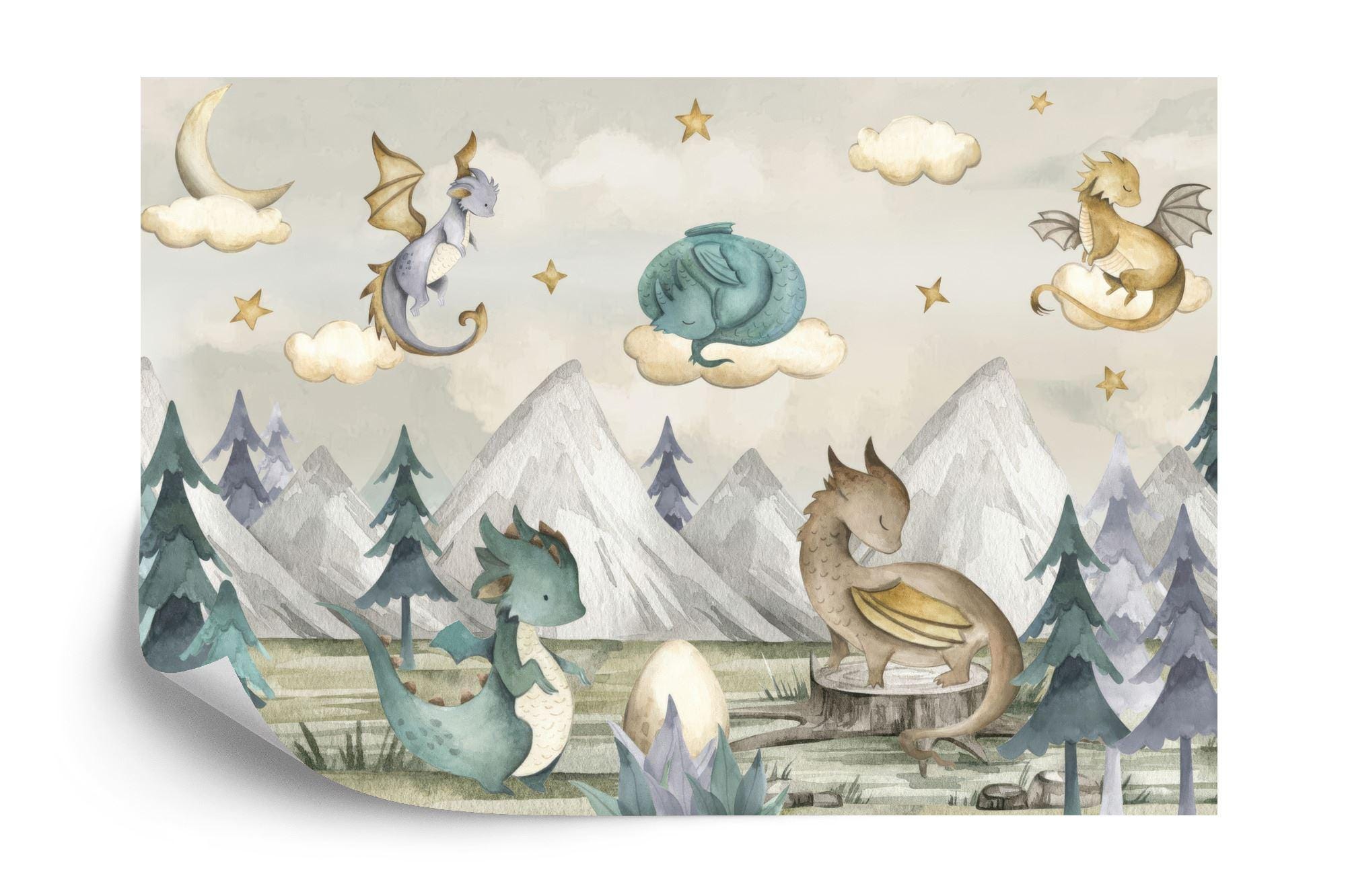 Watercolor Dragons Wallpaper Mural, Kids Nursery Decor, Peel and Stick ...