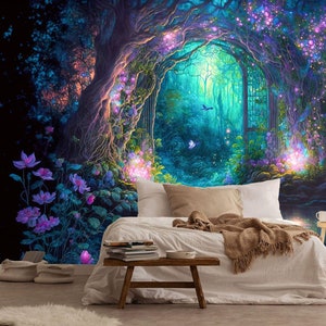 Fantasy Fairytale Magical Forest in Purple and Cyan Gift, Art Print Photomural Wallpaper Mural Easy-Install Removeable Peel and Stick Decal