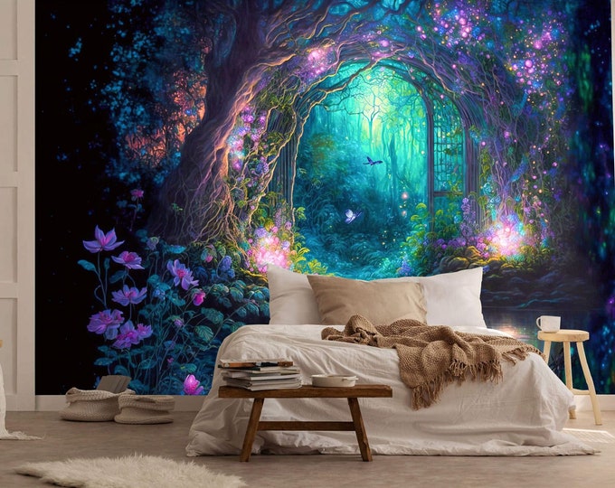 Fantasy Fairytale Magical Forest in Purple and Cyan Gift, Art Print Photomural Wallpaper Mural Easy-Install Removeable Peel and Stick Decal