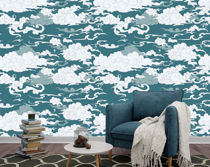 Sky Cloud Japanese Waves Pattern Decor Gift Art Print Photomural Wallpaper Mural Easy-Install Removeable Peel and Stick Large Wall Decal Art