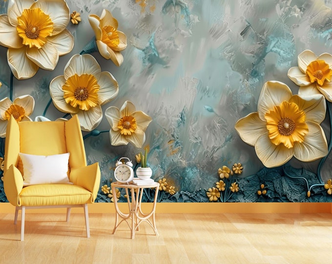 Painting of White and Yellow Flowers Gift, Art Print Photomural Wallpaper Mural Easy-Install Removeable Peel and Stick Large Wall Decal Art