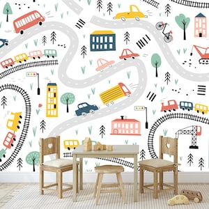 Colorful Cars Trains Nursery Kids Room, Cartoon Road Gift Art Print Photomural Wallpaper Mural Easy-Install Removeable Peel and Stick Decal