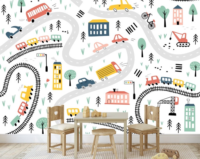 Colorful Cars Trains Nursery Kids Room, Cartoon Road Gift Art Print Photomural Wallpaper Mural Easy-Install Removeable Peel and Stick Decal