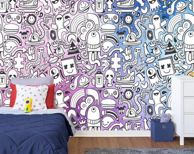 Modern Black and White Doodle Mural Gift for Kids room Home Decor Easy-Install Wall Mural Wallpaper Peel and Stick Modern Art Washable Mural
