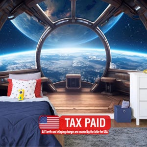 Spaceship Window View Wall Mural, Outer Space Kids Wallpaper, Peel and Stick