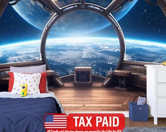 Raumschiff Fensterausblick Wandbild, Weltraum Kinder Tapete, Schälen und Aufkleben