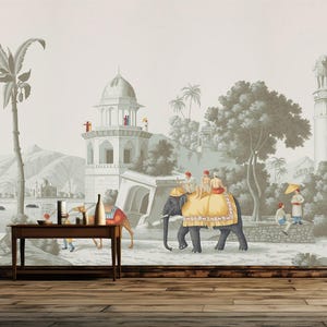 India Elephant in the Morning Mughal Home Decor Wall Gift, Art Print Photomural Wallpaper Mural Easy-Install Removeable Peel and Stick Decal