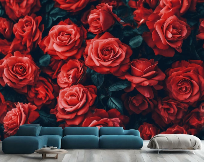 8k Red Roses Bouquet Floral Decor Gift, Art Print Photomural Wallpaper Mural Easy-Install Removeable Peel and Stick Large Wall Decal Art