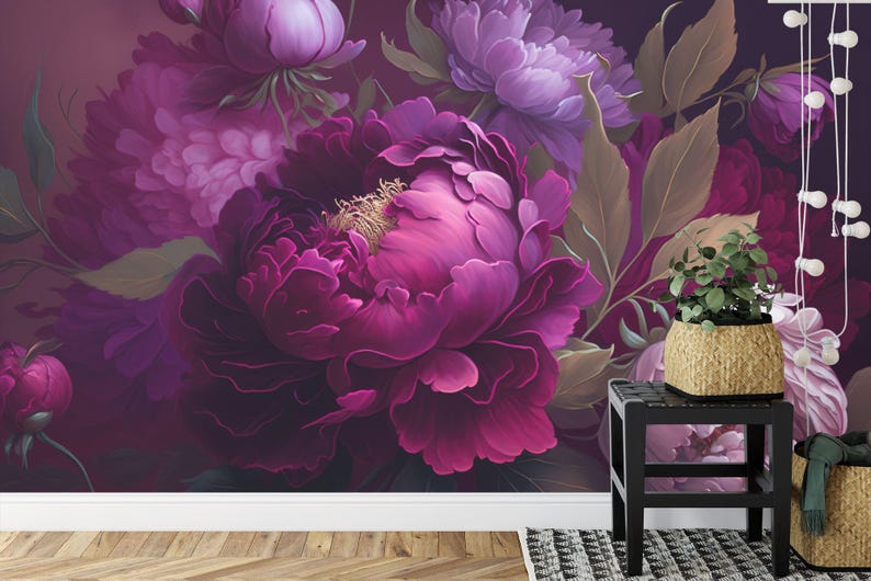 Baroque Peonies Wallpaper Mural, Rich Deep Colors, Peel and Stick - Etsy