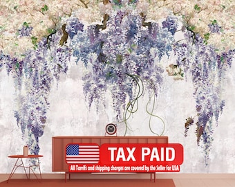 Lilac Floral Wallpaper Mural, Vintage Purple Flowers, Peel and Stick