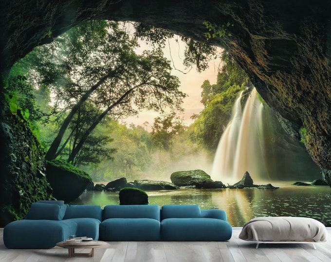 Waterfall in tropical forest at Khao Yai Gift, Art Print Photomural Wallpaper Mural Easy-Install Removeable Peel and Stick Large Wall Decal