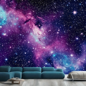銀河の宇宙に輝く星、紫と青、天文学生成AI、簡単に取り付けられる壁画壁紙、剥がして貼るだけのモダンアート、洗える
