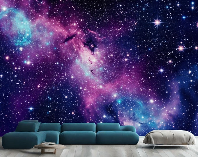 Shiny stars in galaxy space violet and azure Astronomy generative AI Easy-Install Wall Mural Wallpaper Peel and Stick Modern Art Washable