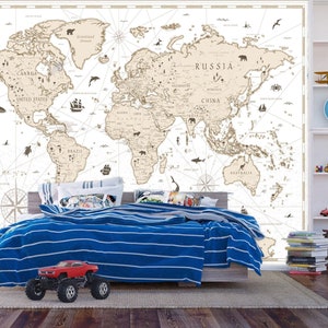 Weltkarte Detaillierte Geographie Kinderzimmer Dekor Geschenk für Kinderzimmer Easy-Install Wandbild Tapete Schälen und Stick Moderne Kunst Waschbar Neu