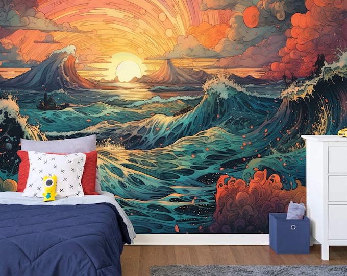 Psychedelic Manga Style Ocean Sunset Gift, Art Print Photomural Wallpaper Mural Easy-Install Removeable Peel and Stick Large Wall Decal Art