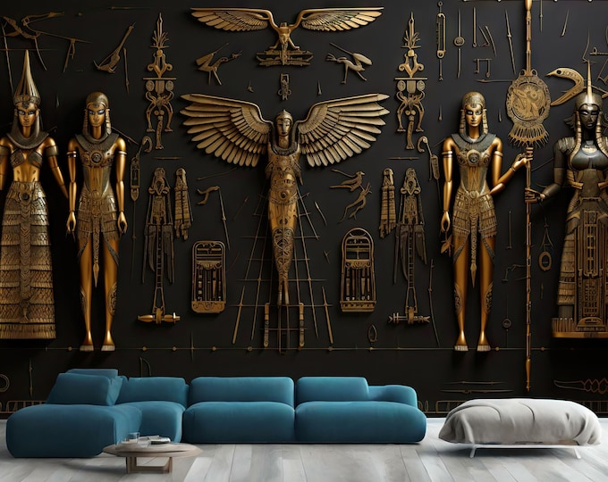 Ancient Egyptian Hieroglyphs Symbols on Black Wall Gift, Art Print Photomural Wallpaper Mural Easy-Install Removeable Peel and Stick Decal