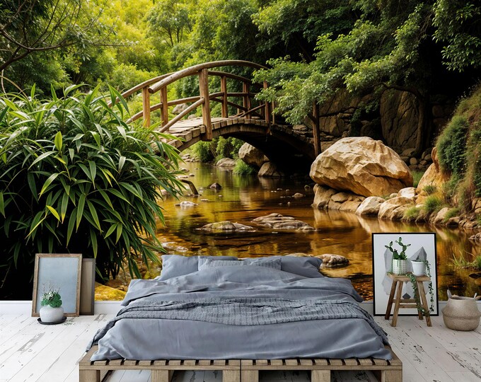 Bridge over water in a Japanese garden in Texas Gift Art Print Photomural Wallpaper Mural Easy-Install Removeable Peel and Stick Large Decal